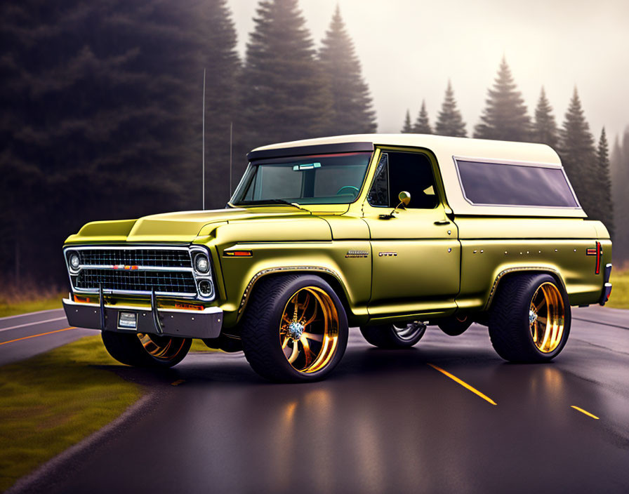 Vintage yellow pickup truck on misty forest road