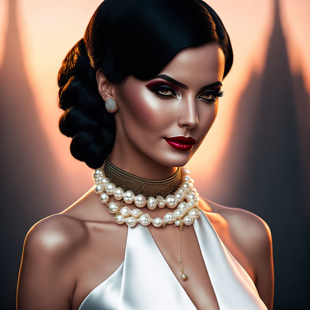 Dark-haired woman in bun, glamorous makeup, pearl jewelry, white dress on warm backdrop