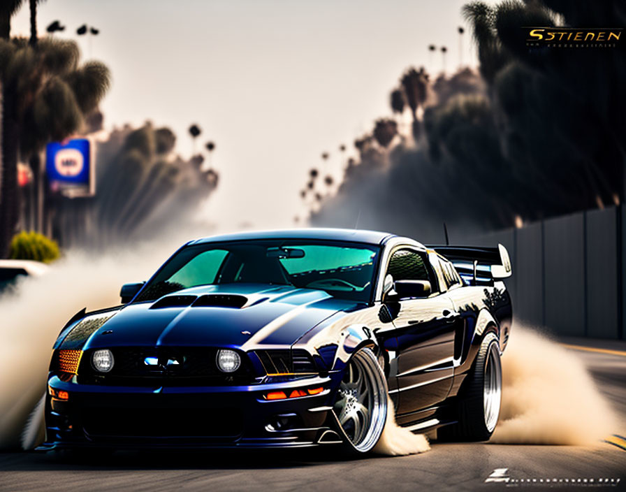 Modified Ford Mustang Drifting with Large Rear Spoiler