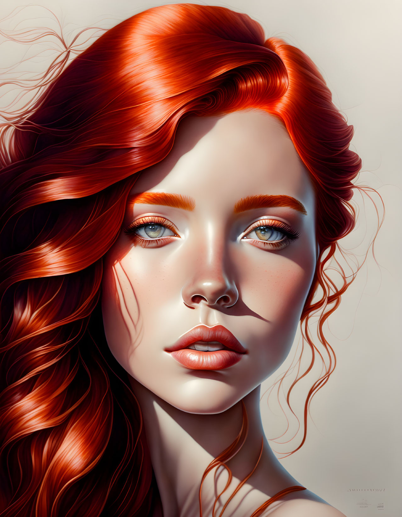 Digital portrait: Woman with red hair, fair skin, and blue eyes