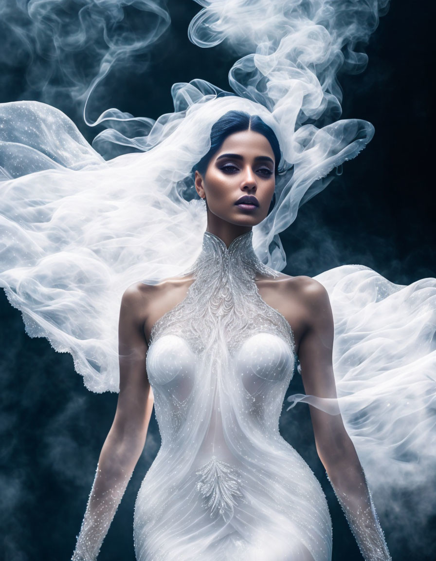 Elegant woman in white gown with sheer veil in mystical setting