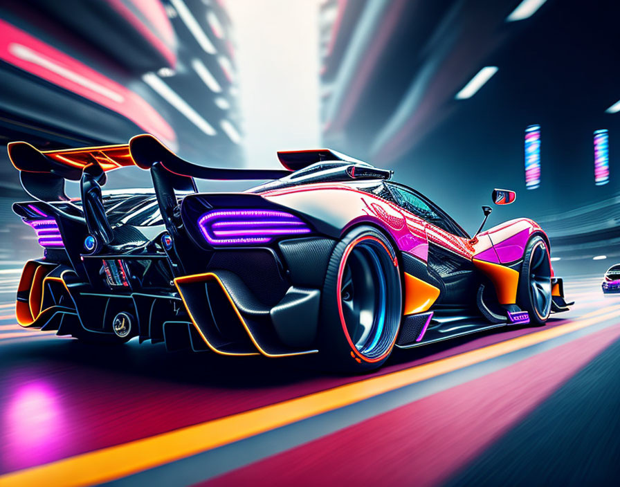 Futuristic racing car in neon-lit tunnel