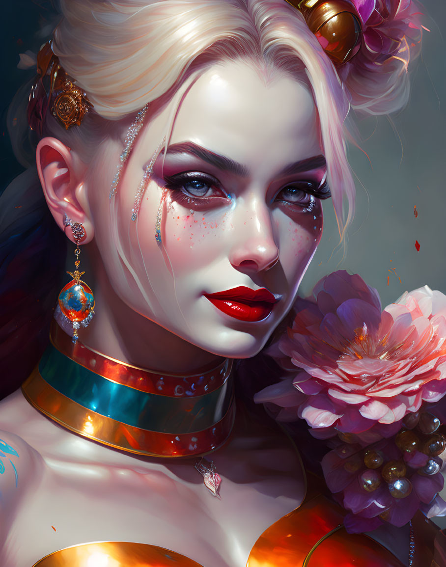 Digital portrait of a woman with blue eyes, red lipstick, gold jewelry, peony flower, and