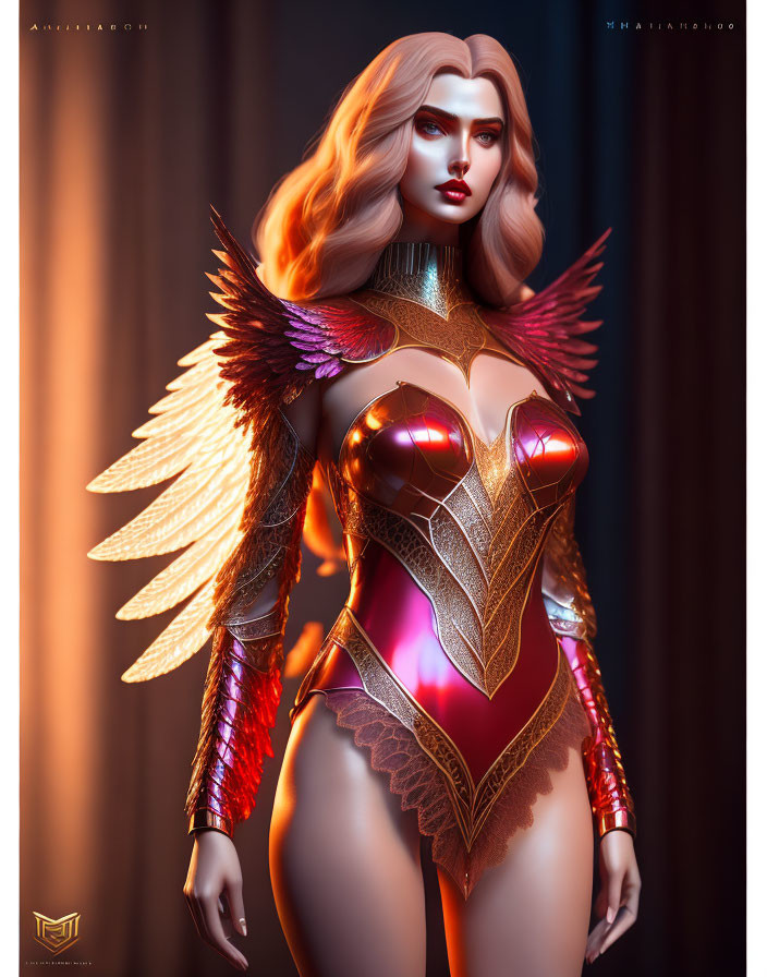 Fantastical armor female figure with wing details in digital art