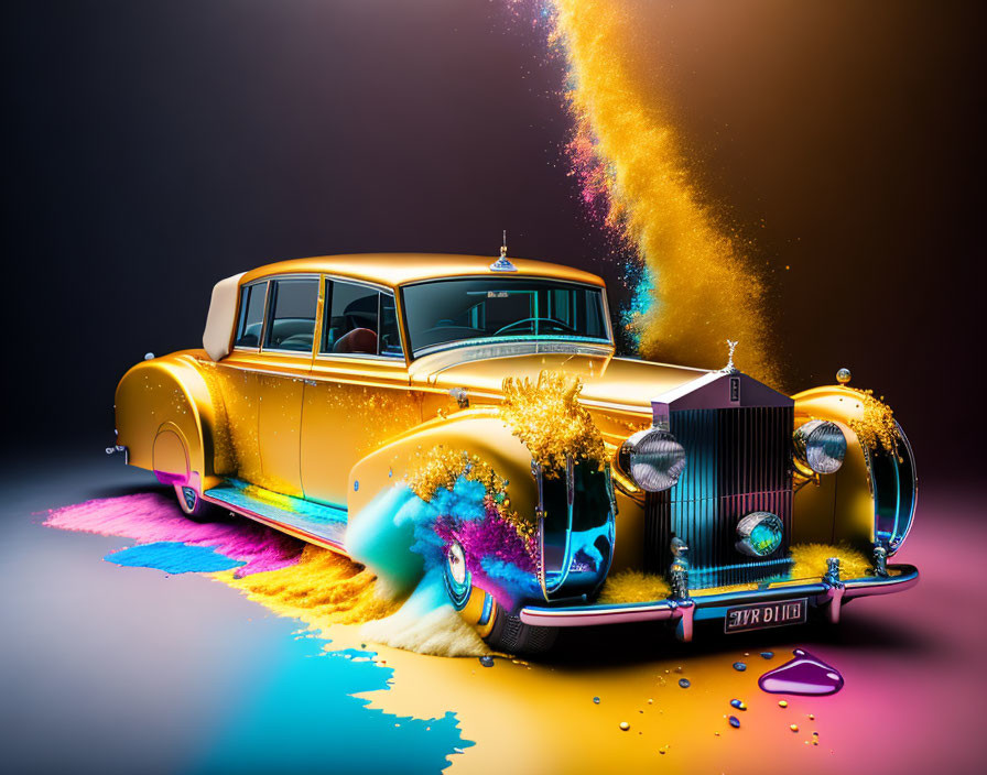 Colorful yellow car with whimsical paint splashes and glitter effects