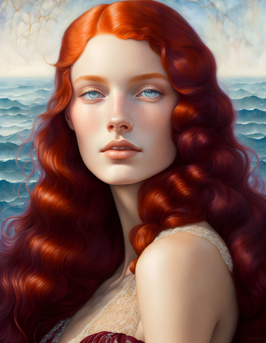 Portrait of woman with red hair and blue eyes by the sea