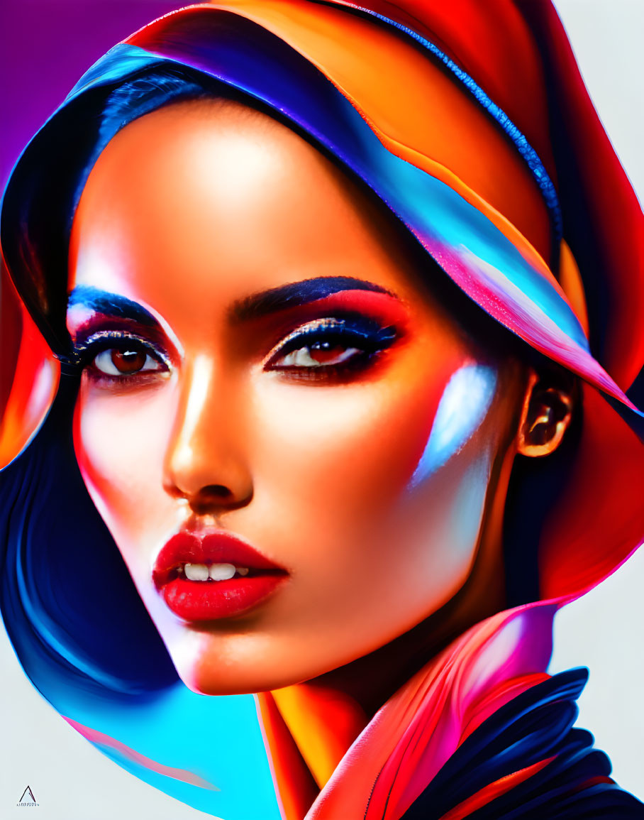 Colorful portrait with striking makeup and flowing headscarf against bright backdrop