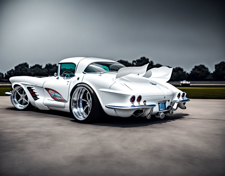 Vintage White Corvette with Unique Rear Wing and Modern Wheels on Airstrip