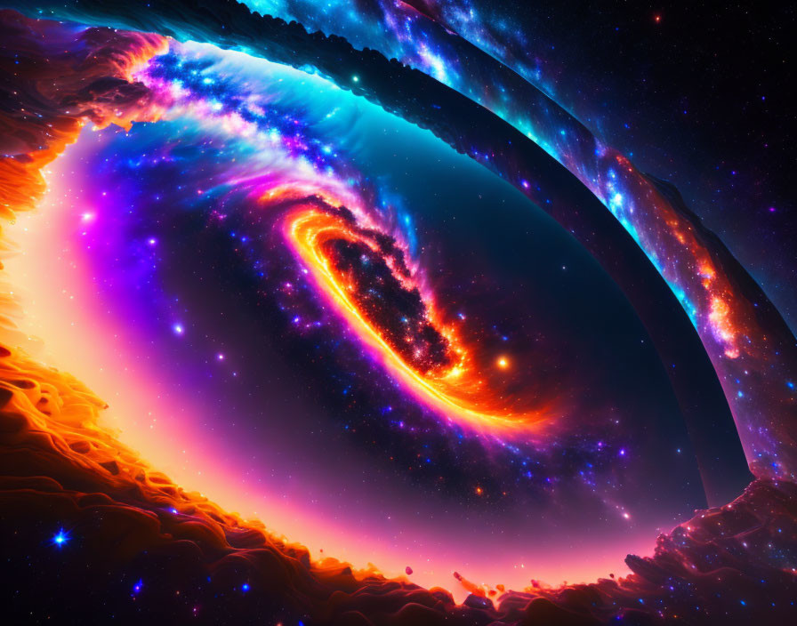 Colorful swirling galaxy in neon colors on starry space backdrop