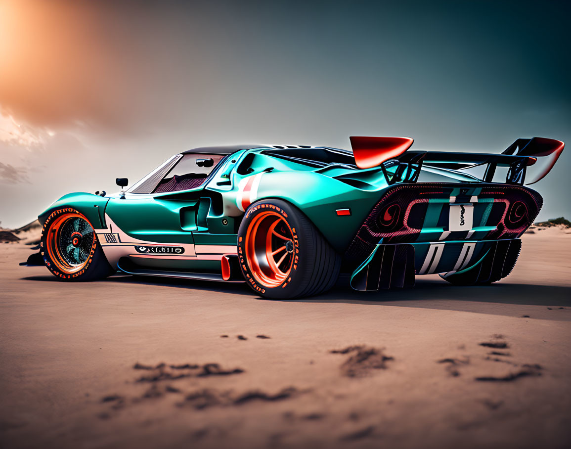 Teal Race Car with Orange Rims and Rear Wing on Sandy Surface