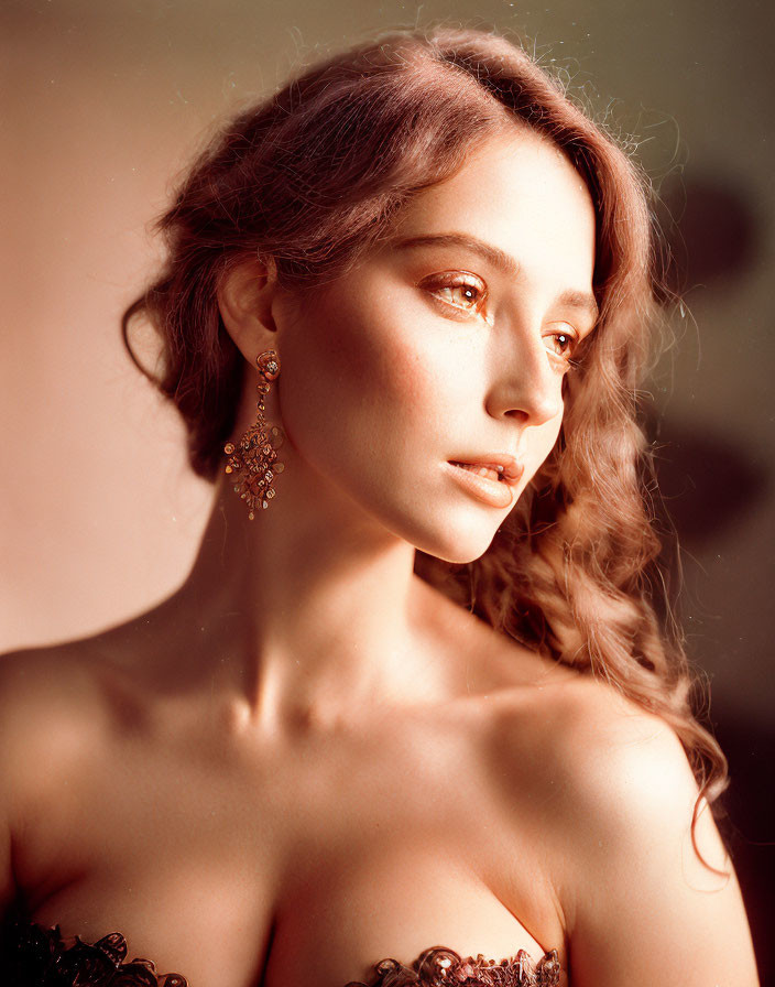 Elegant woman with wavy hair and earring in warm lighting