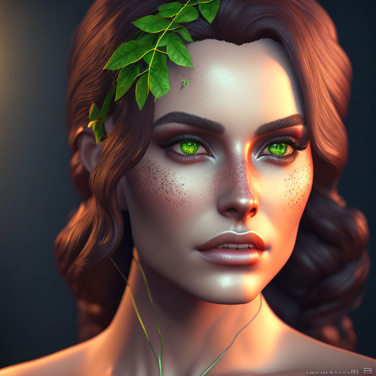 Portrait of woman with green eyes, freckles, and ivy leaves in hair