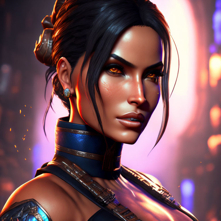 Digital Artwork: Woman with Striking Features and Futuristic Warrior Attire