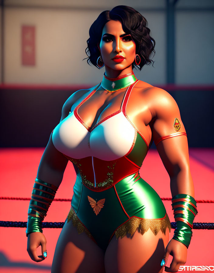 Female wrestler in green and gold costume in a wrestling ring