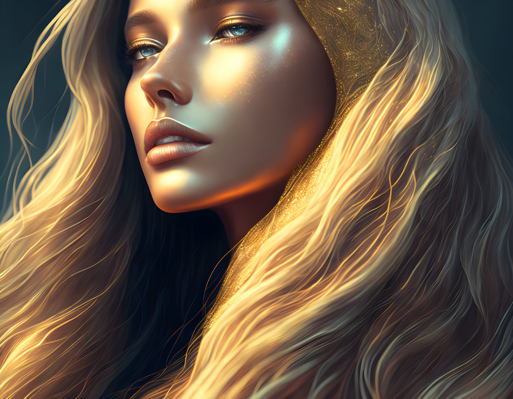 Digital artwork: Woman with golden, glowing skin and hair.