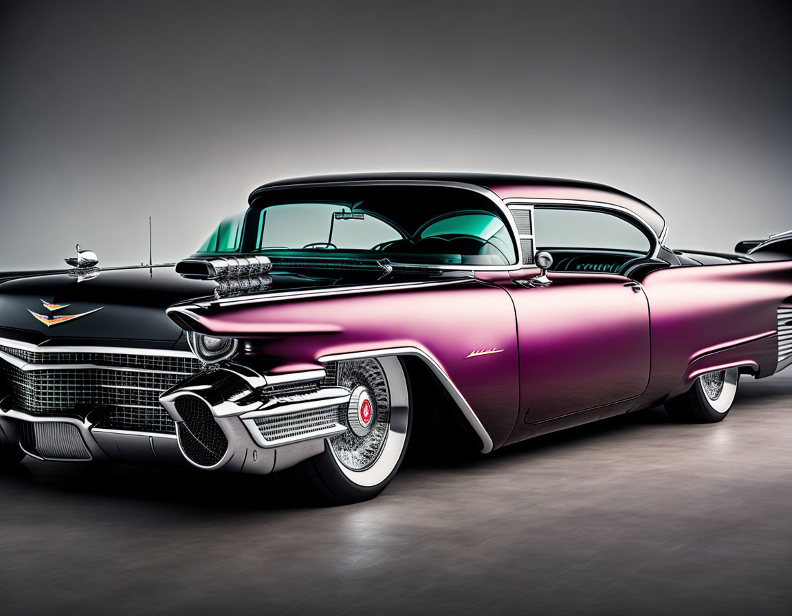 Classic Purple and Black Cadillac with Tail Fins and Chrome Details