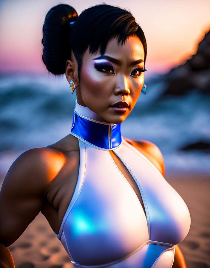 Digital artwork: Woman with updo hairstyle in white and blue futuristic outfit on sunset beach