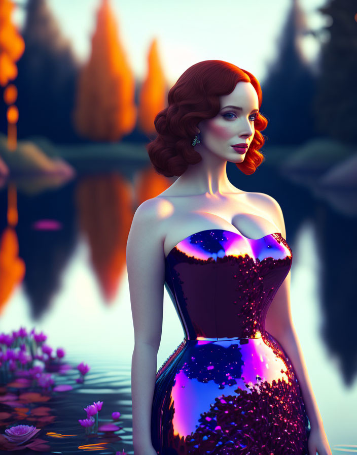 Red-haired woman in sparkly dress by serene lake at sunset