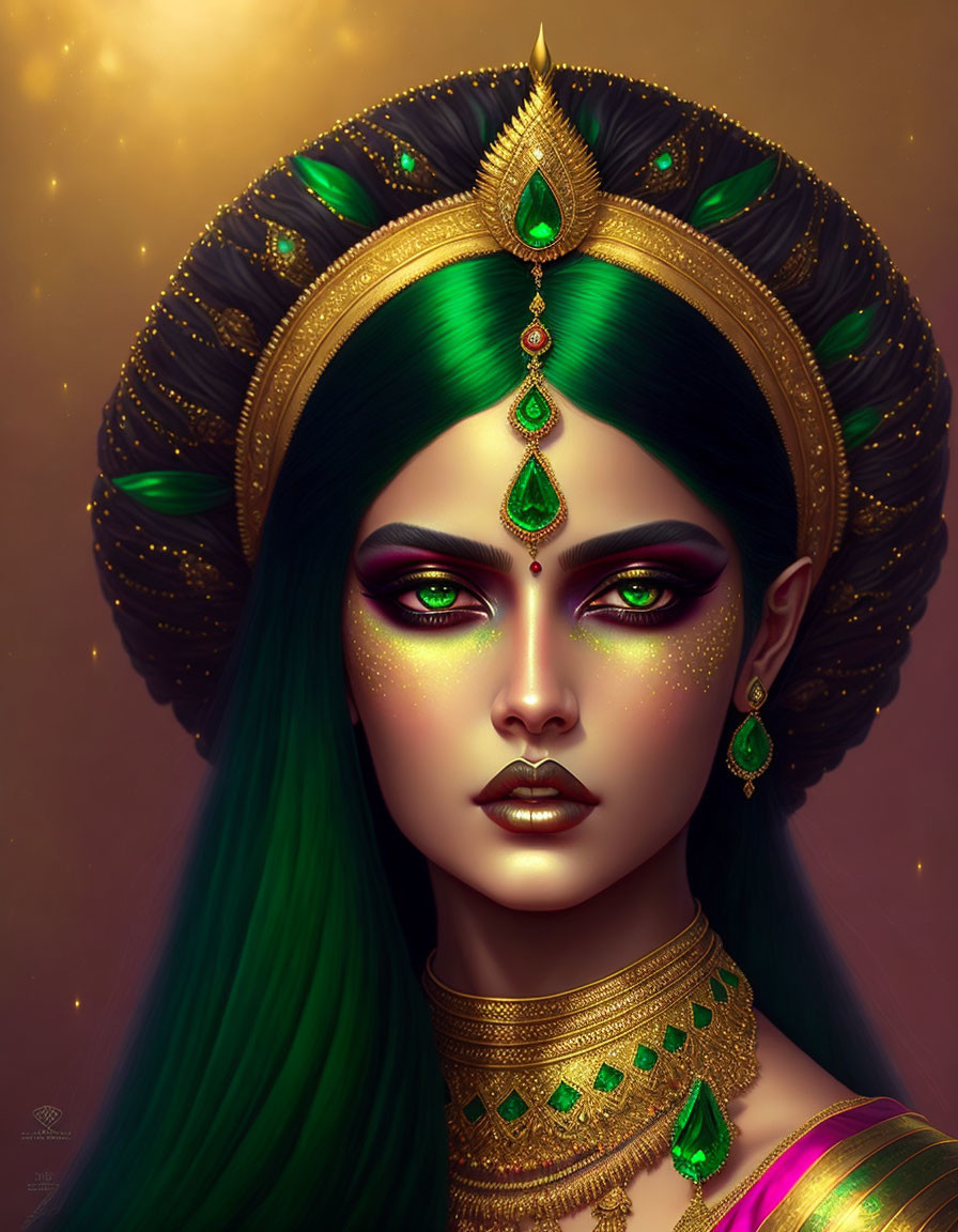 Illustration: Woman with green hair, golden headdress, jewelry, and intense green eyes on golden