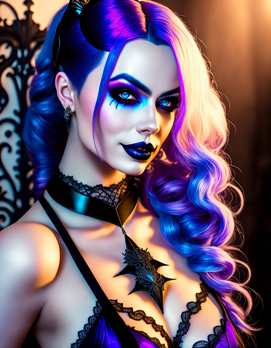 Stylized image of woman with blue and purple hair and gothic fantasy vibe