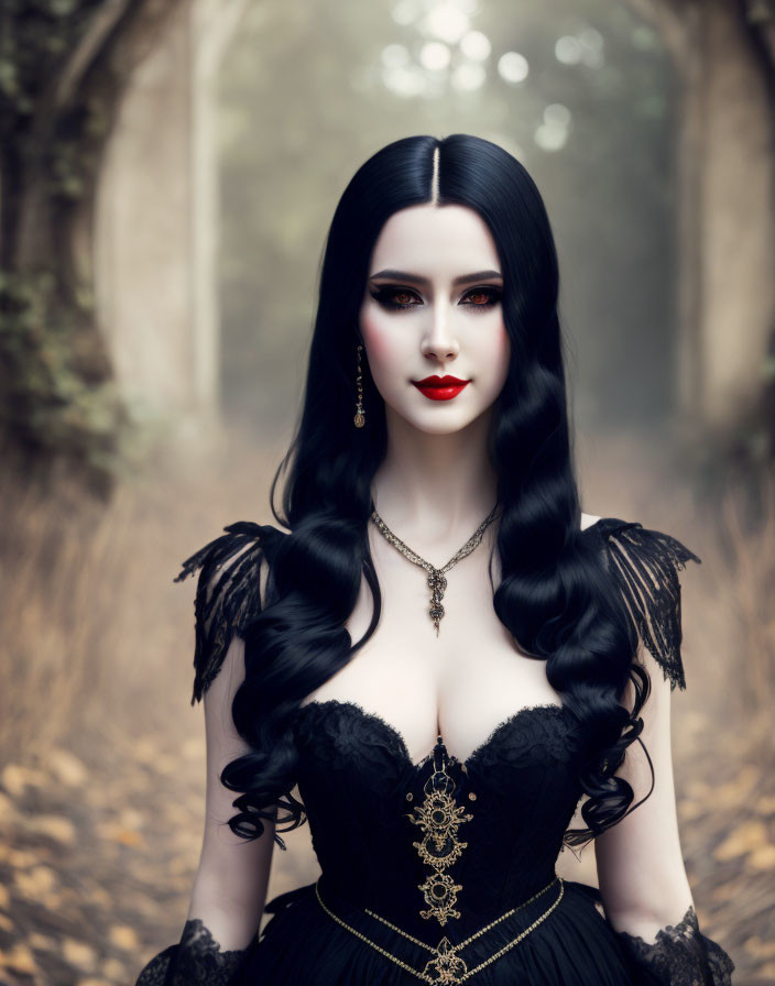 Pale-skinned woman in gothic attire in misty forest