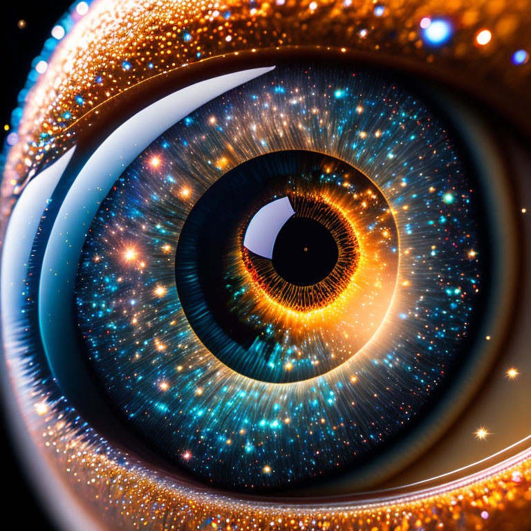 Detailed Close-Up of Human Eye with Starry Galaxy Iris