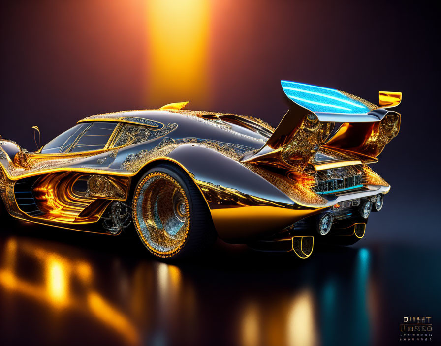 Futuristic golden chrome car with intricate details on dark background