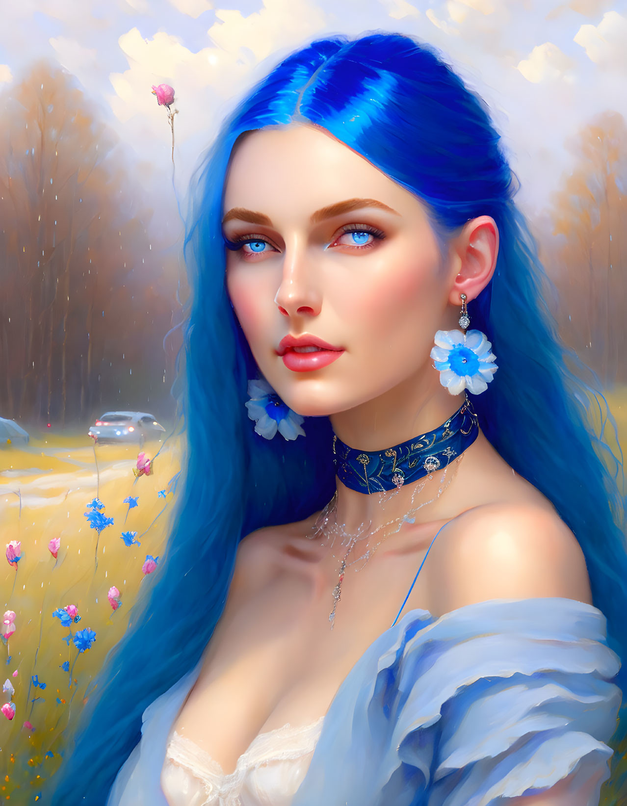 Vibrant blue hair woman with floral earrings in whimsical setting