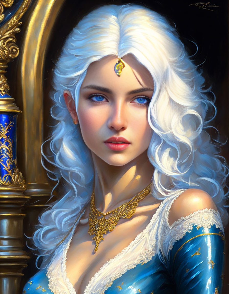 Digital artwork: Woman with white hair, blue eyes, bejeweled blue and gold dress.