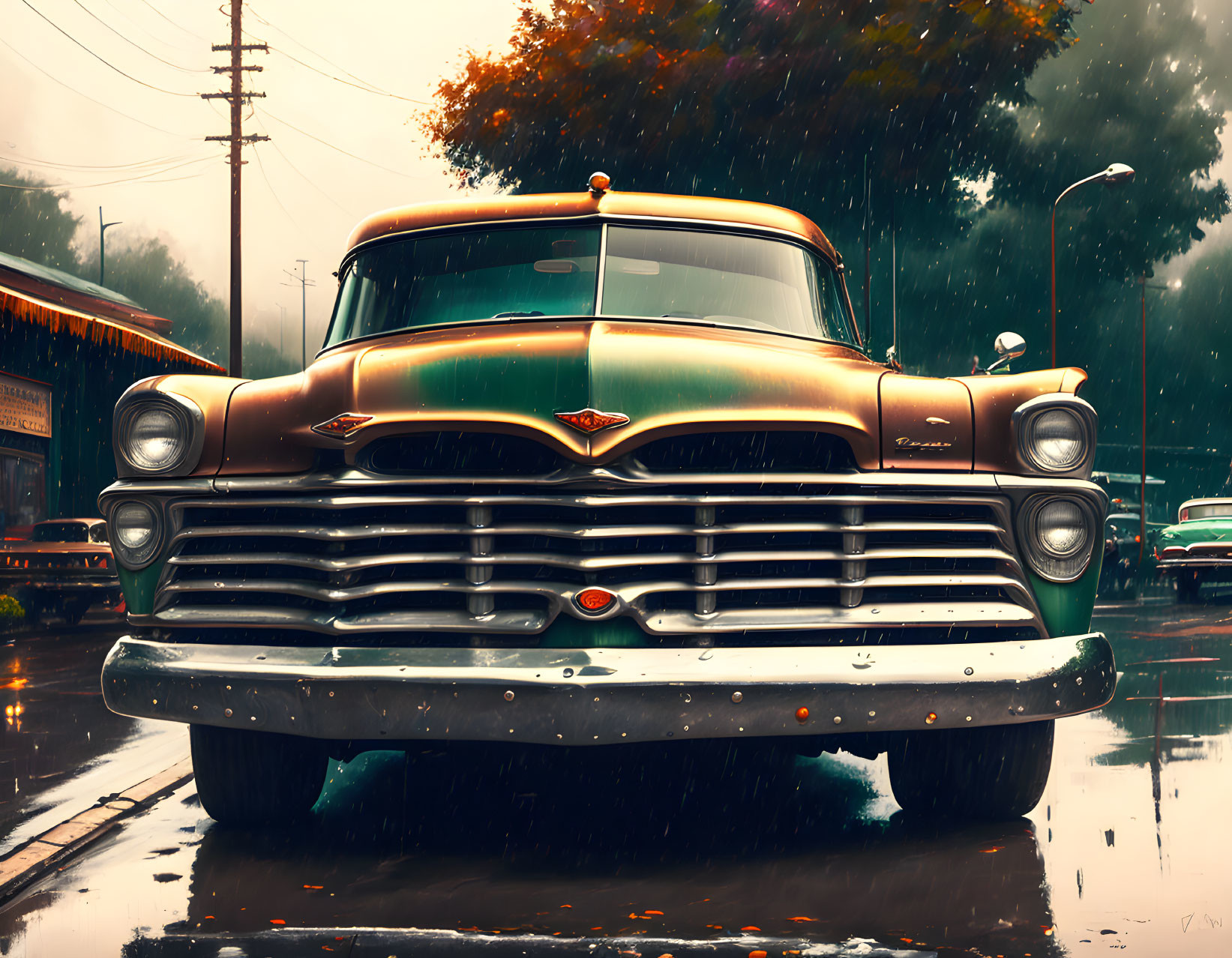 Classic Vintage Car Parked on Rain-Soaked Street