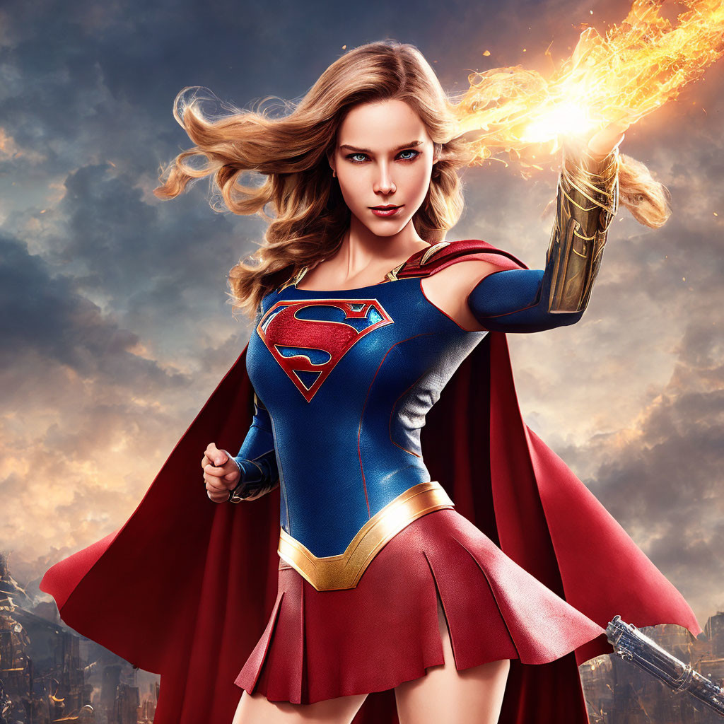 Female superhero in red cape shoots fire with 'S' emblem, billowing hair, dramatic sky.