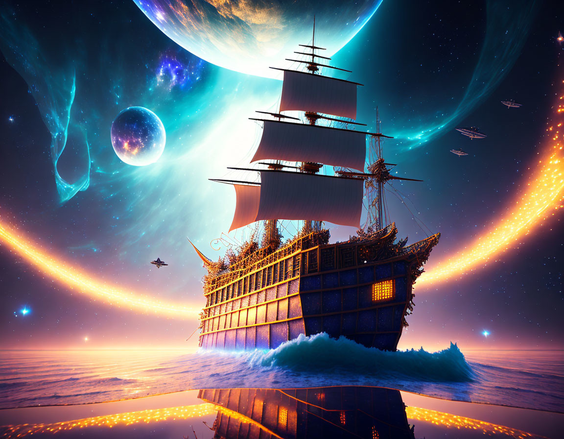 Ancient sailing ship on cosmic ocean with planets and shooting stars