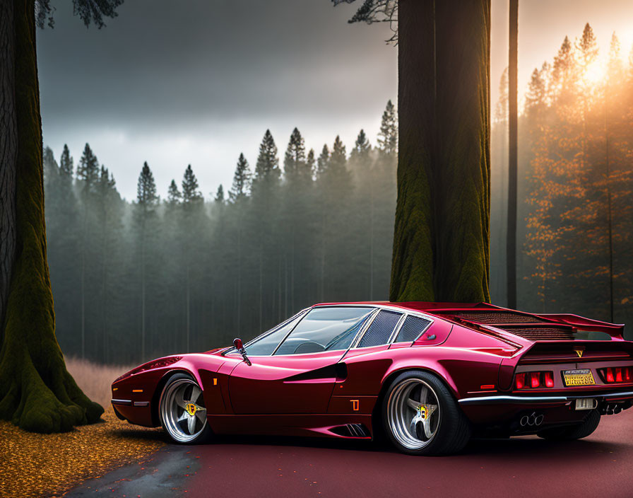 Vintage red sports car in forest sunset fog scene