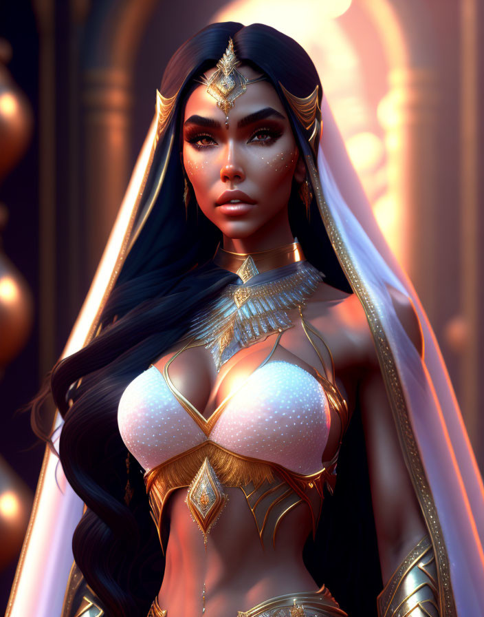 Regal woman in golden headdress and jewelry with white veil, 3D illustration