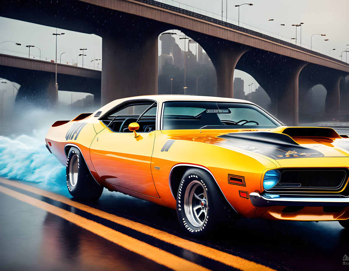 Yellow Classic Muscle Car Speeding with Bridge and Ocean Waves