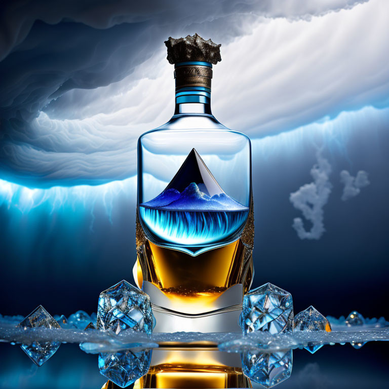 Whiskey bottle with mountain landscape, ice cubes, and stormy sky.