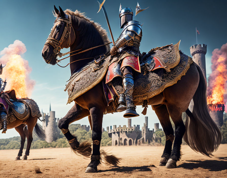 Medieval knight on horseback near castle with explosions.