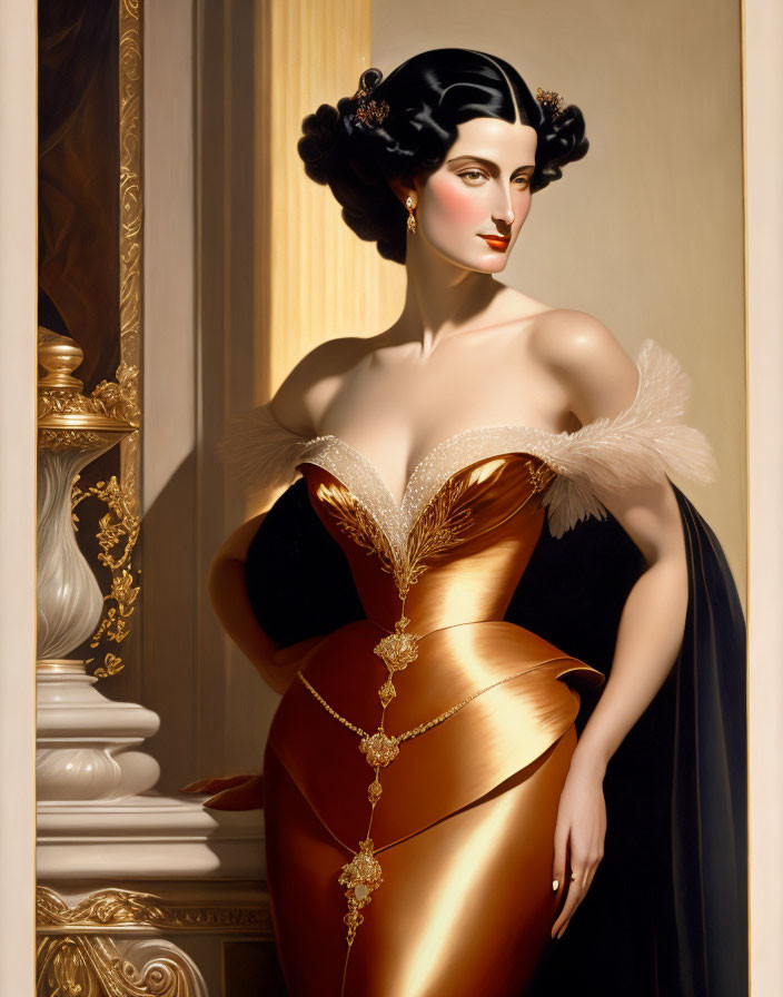 Woman in Black and Gold Gown with Elaborate Hairstyle on Cream Background