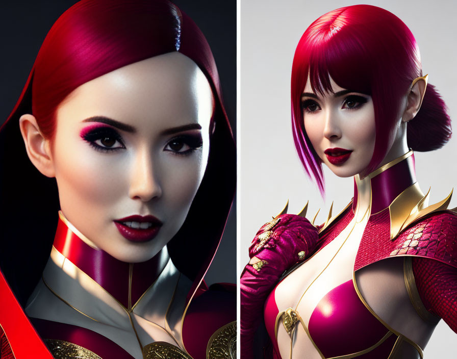 Split portrait of female character with red hair in futuristic armor, featuring dual expressions and styles