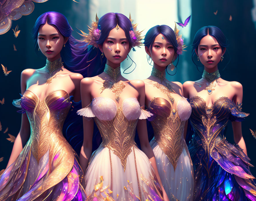 Stylized female figures with purple hair and golden gowns in mystical forest.