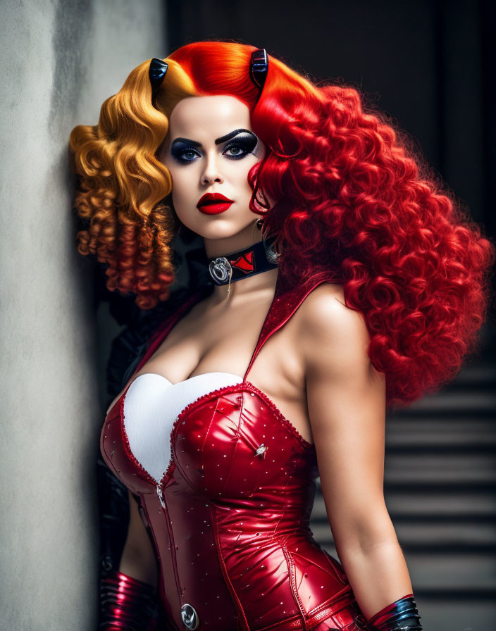 Half red, half blonde curly hair woman in dramatic makeup and corset against grey backdrop