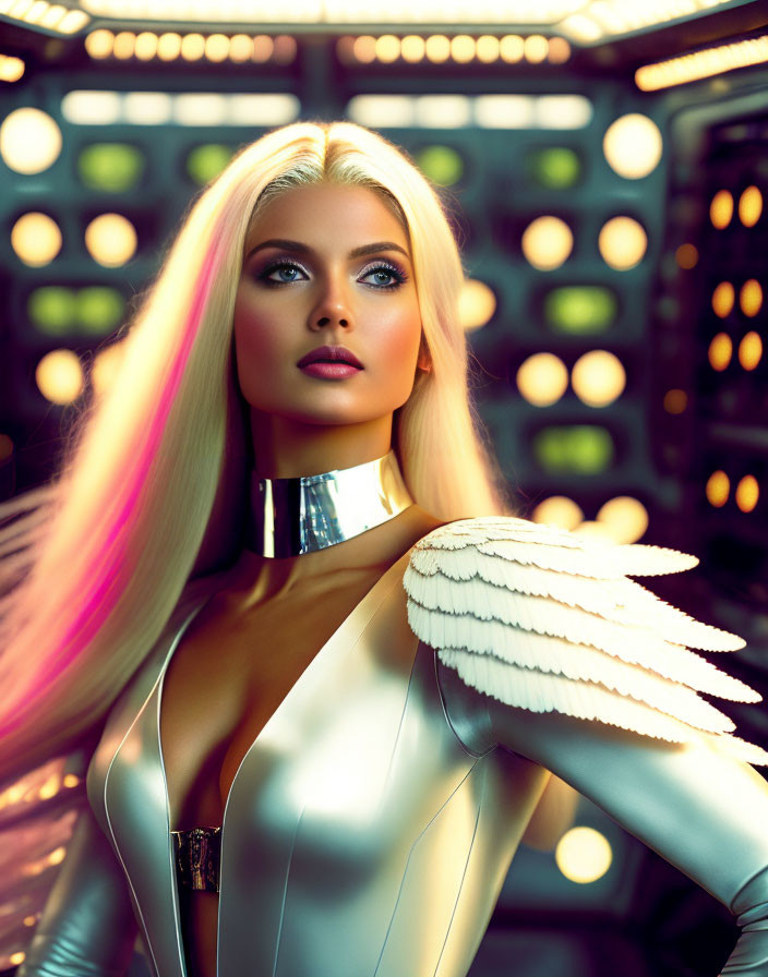 Blonde and Pink-Haired Woman in Futuristic White Bodysuit pose with Glowing Lights