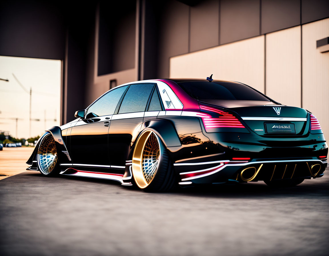 Custom Glossy Black Luxury Sedan with Custom Wheels and Neon Underglow at Dusk