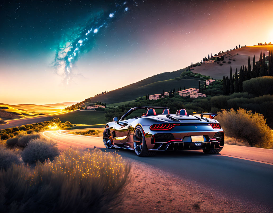 Luxury Convertible Car Driving on Winding Road at Sunset