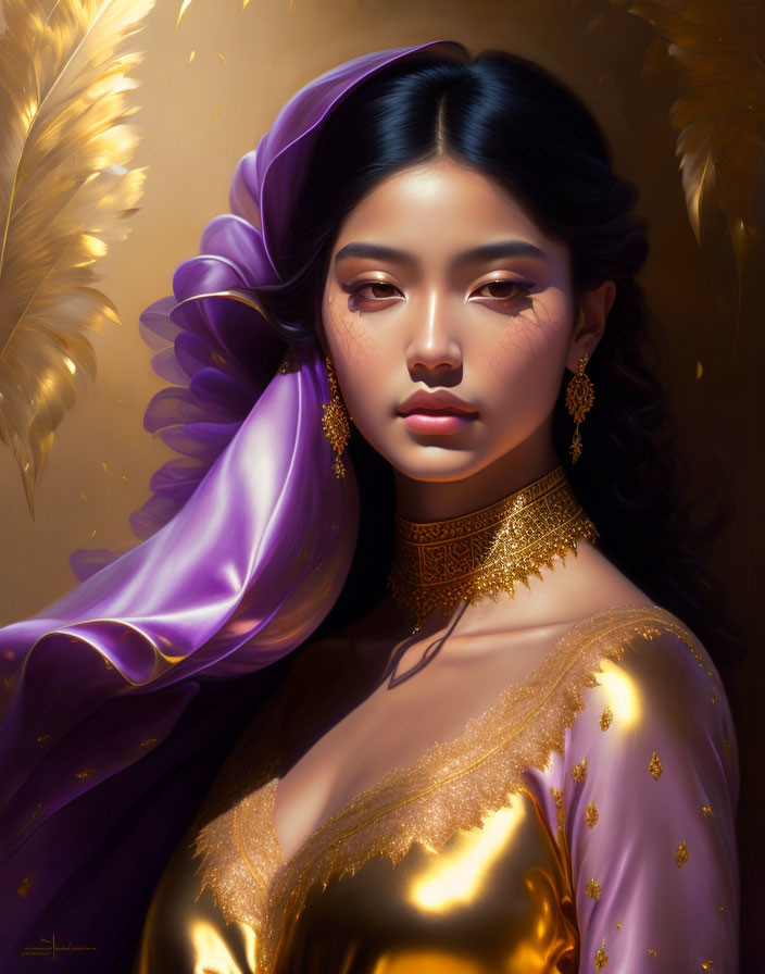 Illustrated portrait of woman in golden dress with purple drapery and feathers