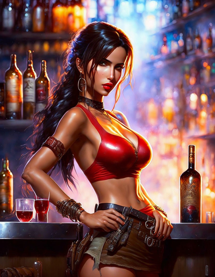 Digital Art: Confident Woman in Red Top and Brown Shorts in Bar Setting