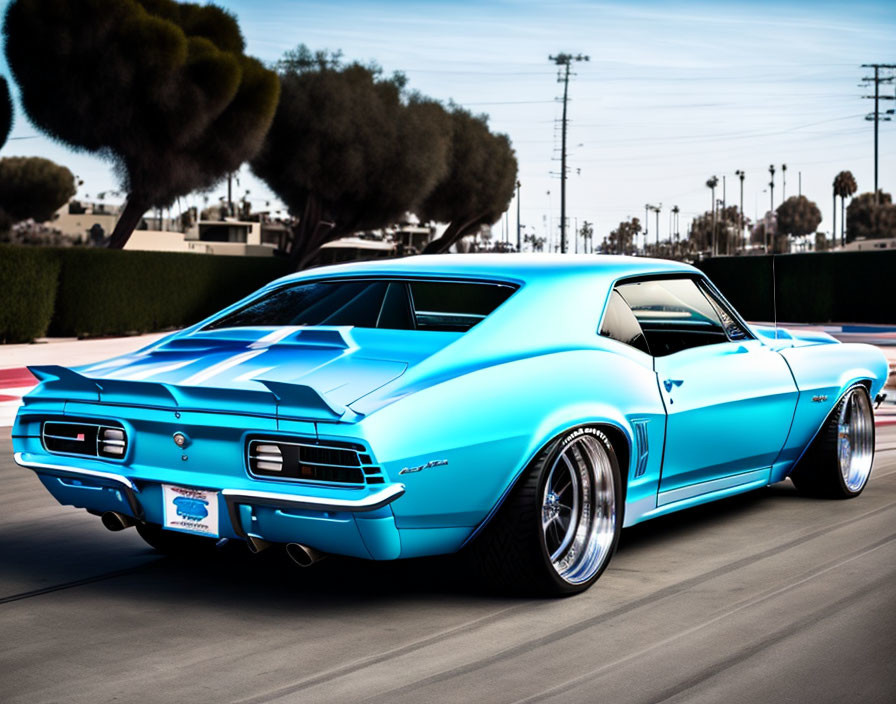 Vintage Muscle Car with Blue Glossy Finish and Custom Wheels on Asphalt Street