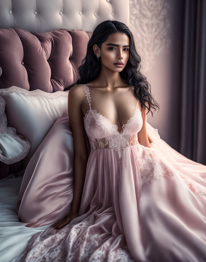 Woman in delicate pink lace-trimmed gown on luxurious bed