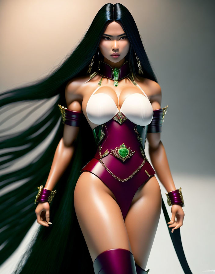 Fierce woman with long black hair in purple and gold fantasy costume