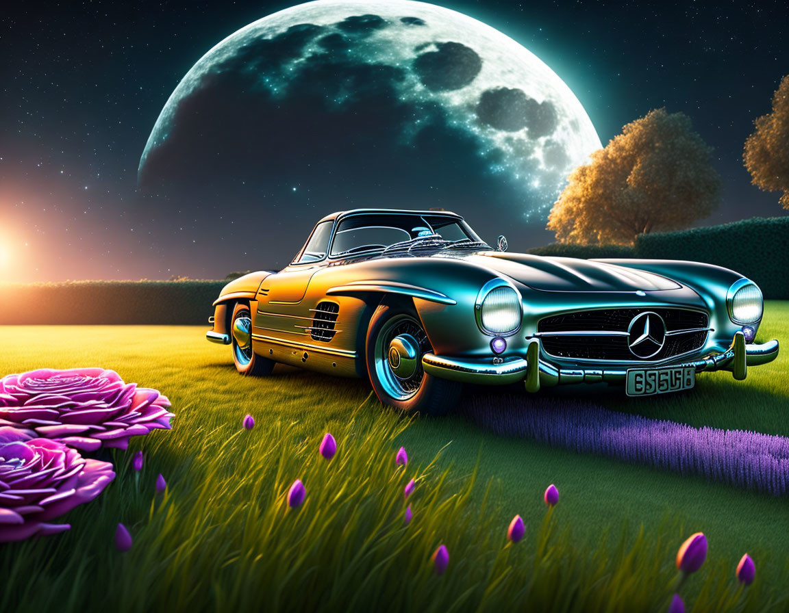 Vintage Mercedes Convertible in Surreal Moonlit Landscape